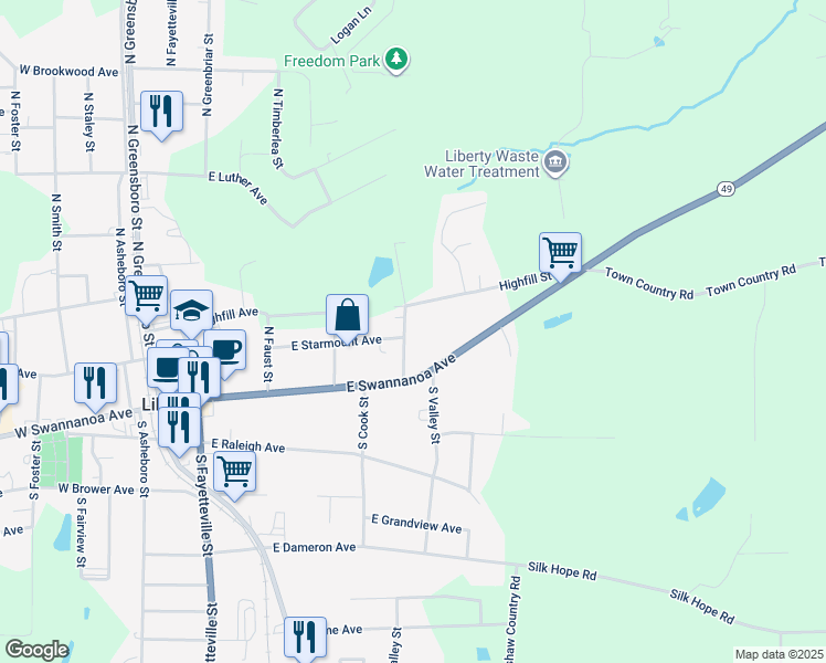 map of restaurants, bars, coffee shops, grocery stores, and more near 520E East Highfill Avenue in Liberty