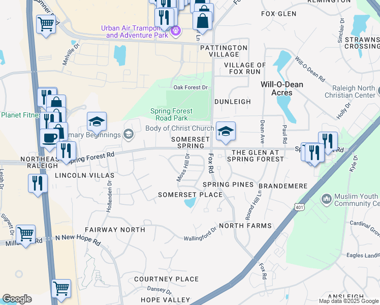 map of restaurants, bars, coffee shops, grocery stores, and more near 5500 Moss Hill Drive in Raleigh