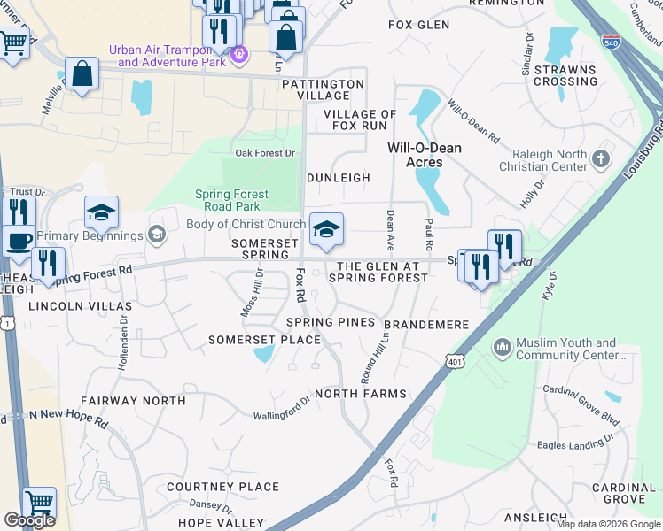 map of restaurants, bars, coffee shops, grocery stores, and more near 5620 Spring Pines Way in Raleigh