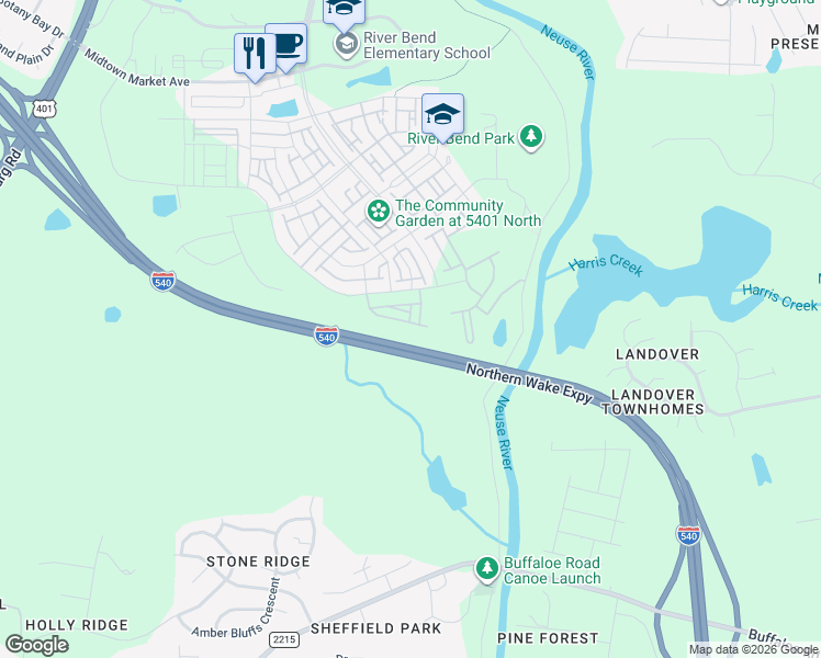 map of restaurants, bars, coffee shops, grocery stores, and more near Northern Wake Expressway in Raleigh
