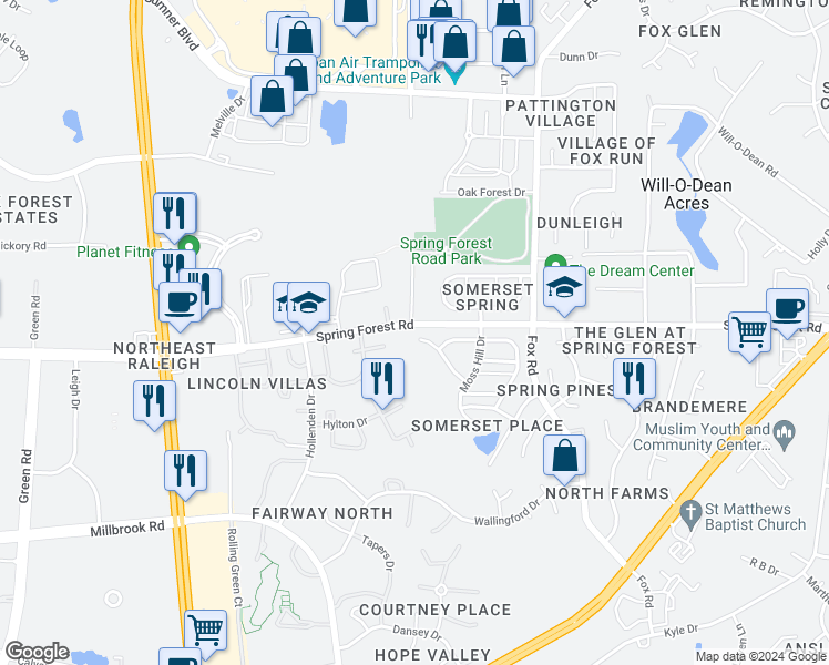 map of restaurants, bars, coffee shops, grocery stores, and more near 4201 Somerset Valley Lane in Raleigh