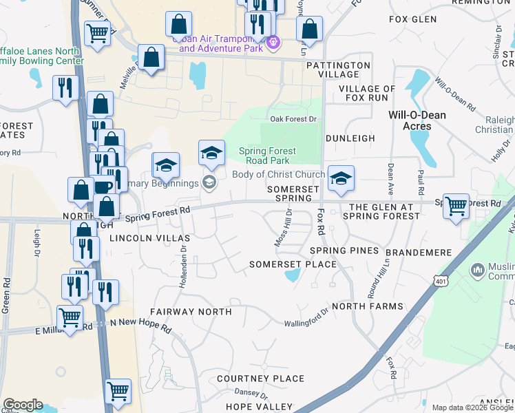 map of restaurants, bars, coffee shops, grocery stores, and more near 4201 Somerset Valley Lane in Raleigh
