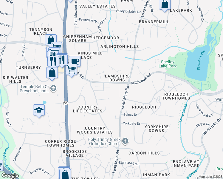 map of restaurants, bars, coffee shops, grocery stores, and more near 5515 Lambshire Drive in Raleigh