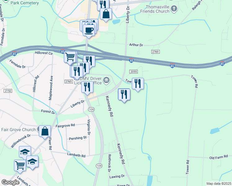 map of restaurants, bars, coffee shops, grocery stores, and more near 1589 Liberty Drive in Thomasville