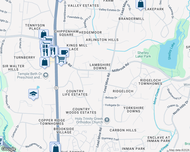 map of restaurants, bars, coffee shops, grocery stores, and more near 5515 Lambshire Drive in Raleigh