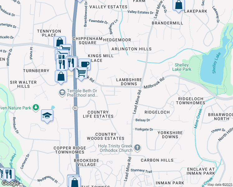 map of restaurants, bars, coffee shops, grocery stores, and more near 2513 Shadow Hills Court in Raleigh