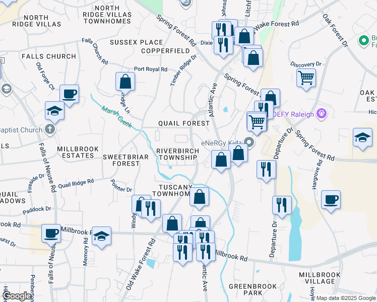 map of restaurants, bars, coffee shops, grocery stores, and more near 2037 Township Circle in Raleigh