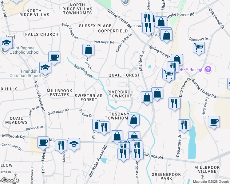 map of restaurants, bars, coffee shops, grocery stores, and more near 1906 Township Circle in Raleigh