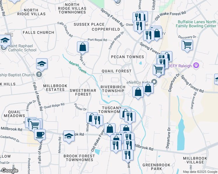 map of restaurants, bars, coffee shops, grocery stores, and more near 1906 Township Circle in Raleigh