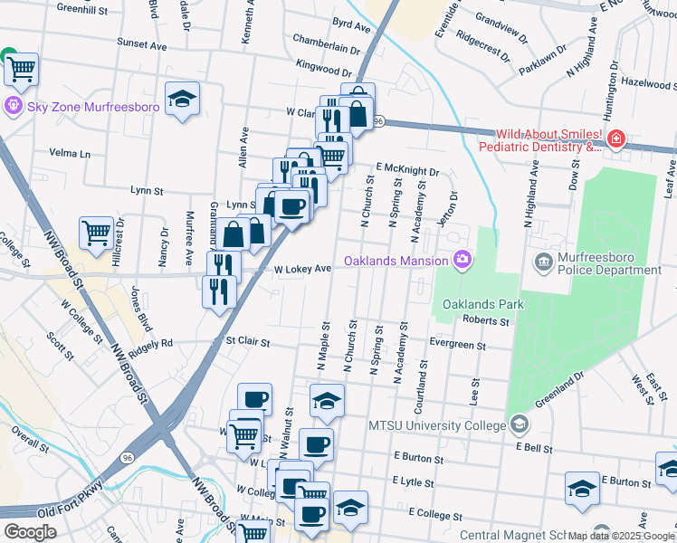 map of restaurants, bars, coffee shops, grocery stores, and more near 850 North Maple Street in Murfreesboro