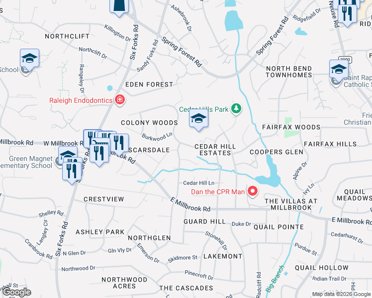 map of restaurants, bars, coffee shops, grocery stores, and more near 404 Rosehaven Drive in Raleigh