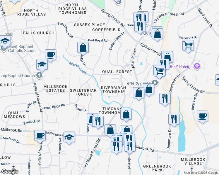 map of restaurants, bars, coffee shops, grocery stores, and more near 1906 Township Circle in Raleigh