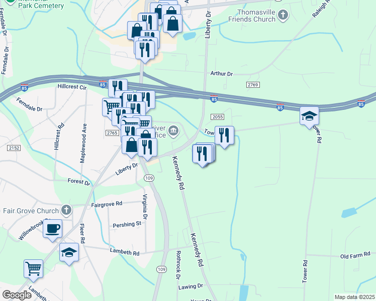 map of restaurants, bars, coffee shops, grocery stores, and more near 1589 Liberty Drive in Thomasville