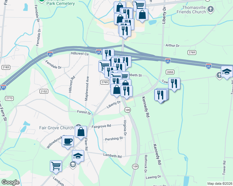 map of restaurants, bars, coffee shops, grocery stores, and more near 1148 Randolph Street in Thomasville