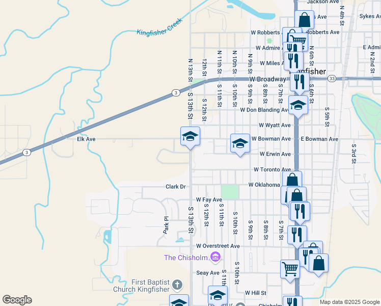 map of restaurants, bars, coffee shops, grocery stores, and more near 601 South 13th Street in Kingfisher