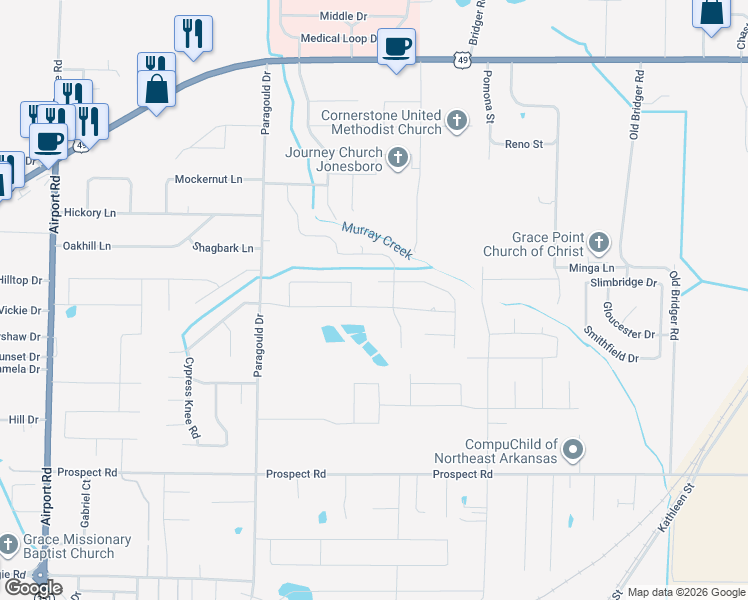 map of restaurants, bars, coffee shops, grocery stores, and more near 4712 Ocean Drive in Jonesboro
