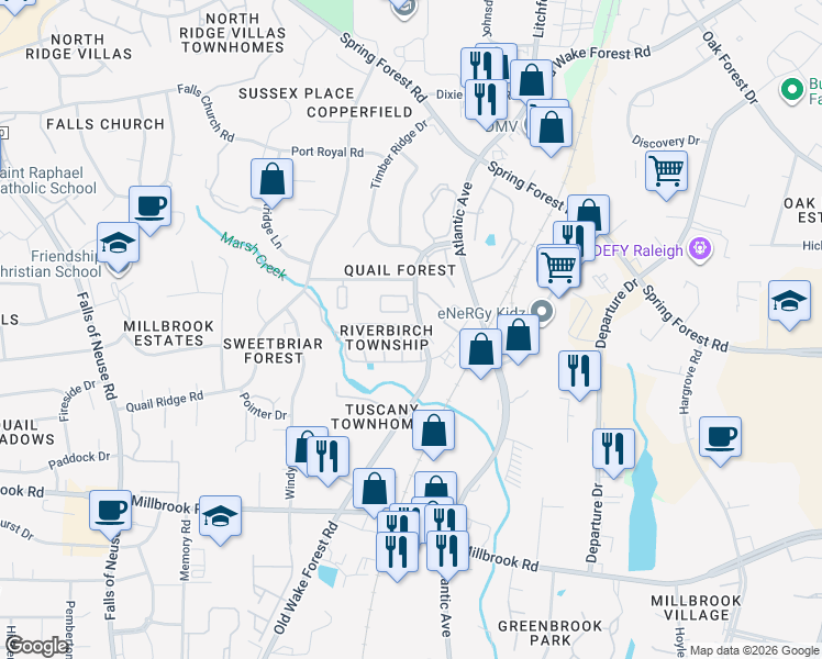 map of restaurants, bars, coffee shops, grocery stores, and more near 2037 Township Circle in Raleigh