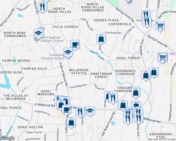 map of restaurants, bars, coffee shops, grocery stores, and more near 5312 Cypress Lane in Raleigh