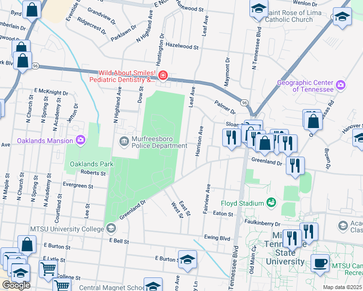 map of restaurants, bars, coffee shops, grocery stores, and more near 931 Leaf Avenue in Murfreesboro