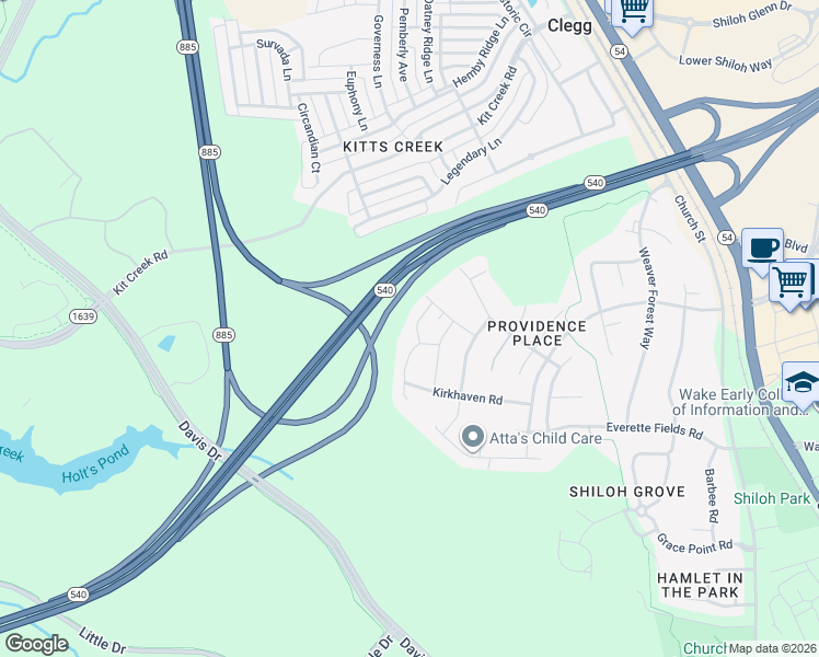 map of restaurants, bars, coffee shops, grocery stores, and more near 1044 Dawson Creek Road in Morrisville