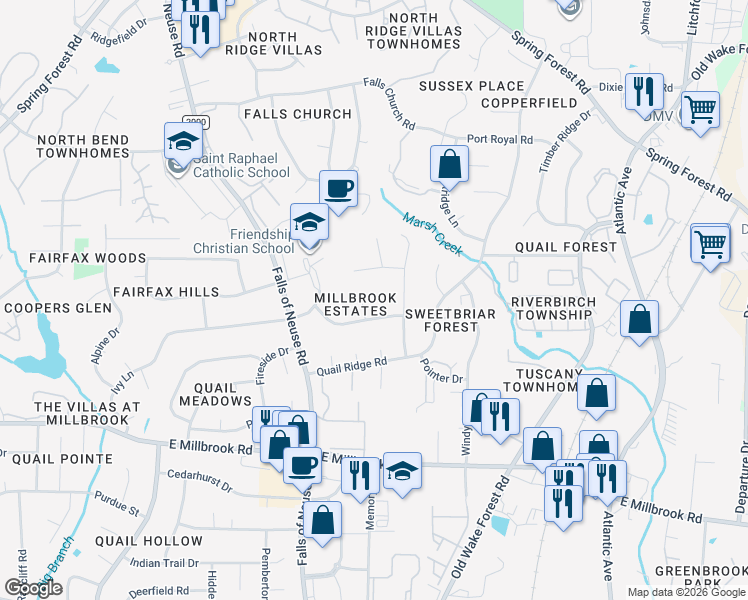 map of restaurants, bars, coffee shops, grocery stores, and more near 5304 Birch Place in Raleigh