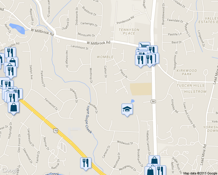 map of restaurants, bars, coffee shops, grocery stores, and more near 5612 Calton Drive in Raleigh