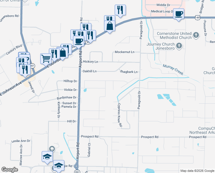 map of restaurants, bars, coffee shops, grocery stores, and more near 1004 Wildcat Lane in Jonesboro