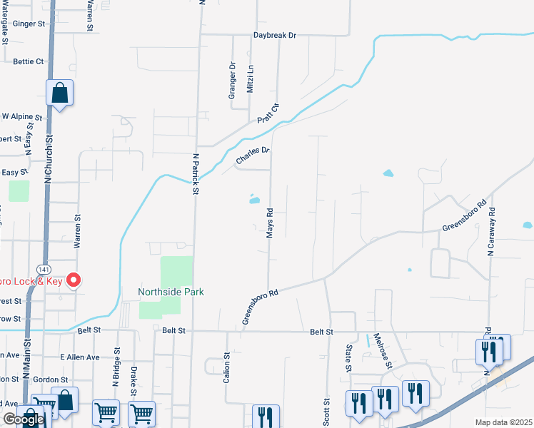 map of restaurants, bars, coffee shops, grocery stores, and more near 1001 Mays Road in Jonesboro