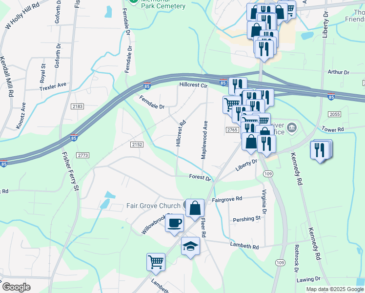 map of restaurants, bars, coffee shops, grocery stores, and more near 118 Hillcrest Road in Thomasville