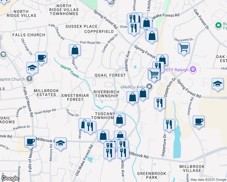 map of restaurants, bars, coffee shops, grocery stores, and more near 2037 Wispy Willow Lane in Raleigh