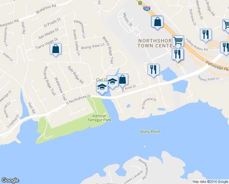 map of restaurants, bars, coffee shops, grocery stores, and more near 9843 Kristi Drive in Knoxville