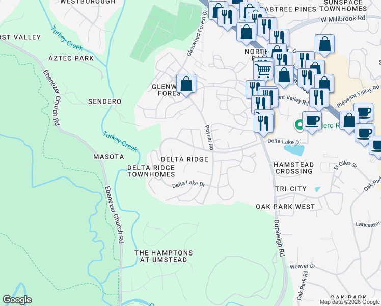 map of restaurants, bars, coffee shops, grocery stores, and more near 5605 Glencree Court in Raleigh
