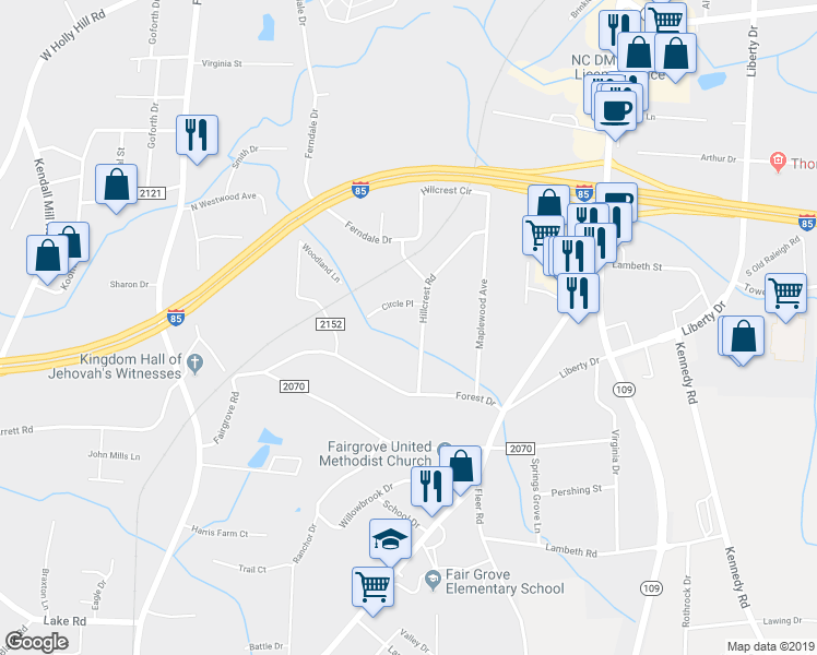 map of restaurants, bars, coffee shops, grocery stores, and more near 119 Hillcrest Road in Thomasville