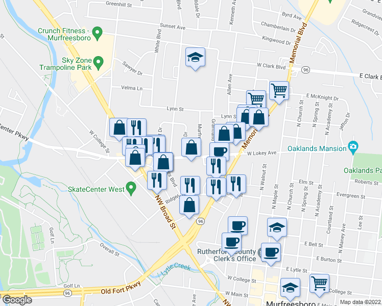 map of restaurants, bars, coffee shops, grocery stores, and more near 710 Medical Center Parkway in Murfreesboro