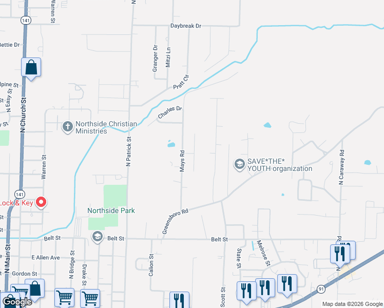 map of restaurants, bars, coffee shops, grocery stores, and more near 921 Lawrence Street in Jonesboro