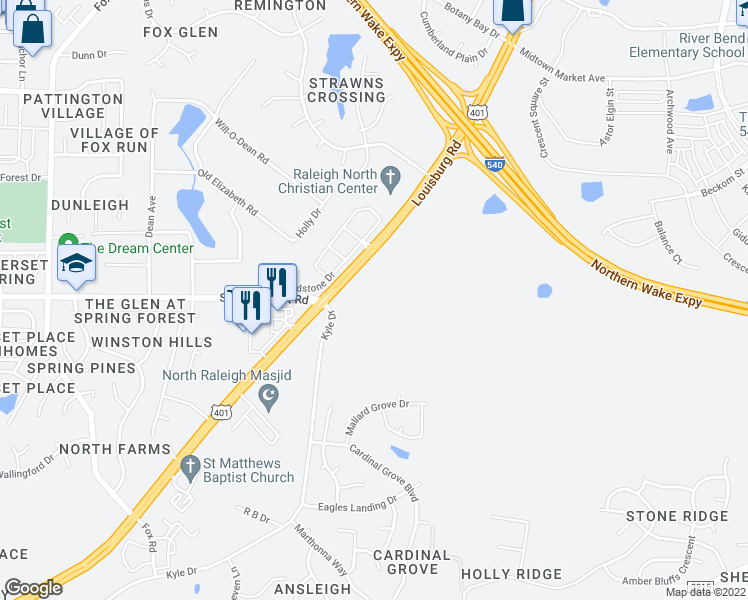 map of restaurants, bars, coffee shops, grocery stores, and more near 5800 Louisburg Road in Raleigh
