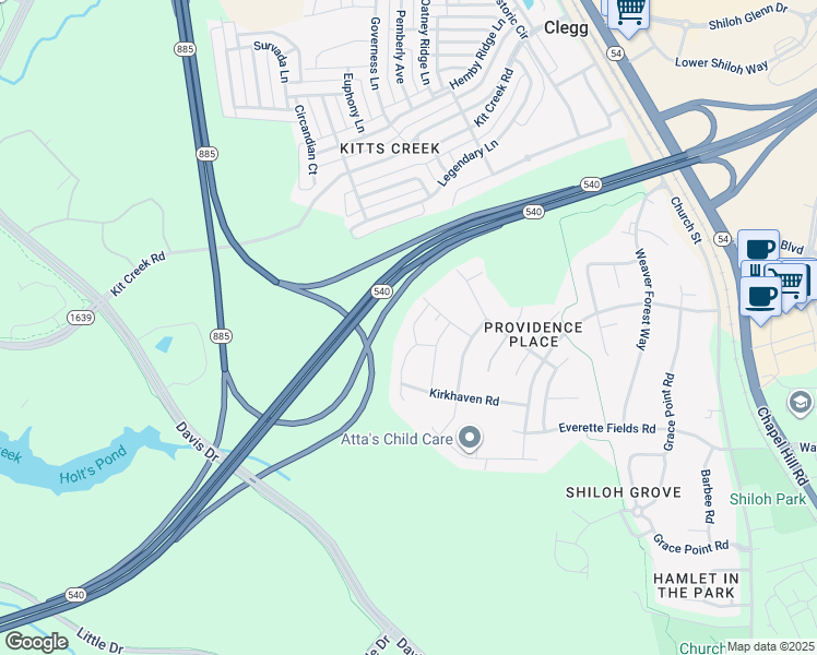 map of restaurants, bars, coffee shops, grocery stores, and more near 1040 Dawson Creek Road in Morrisville
