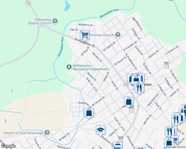 map of restaurants, bars, coffee shops, grocery stores, and more near 711 Hyman Street in Williamston