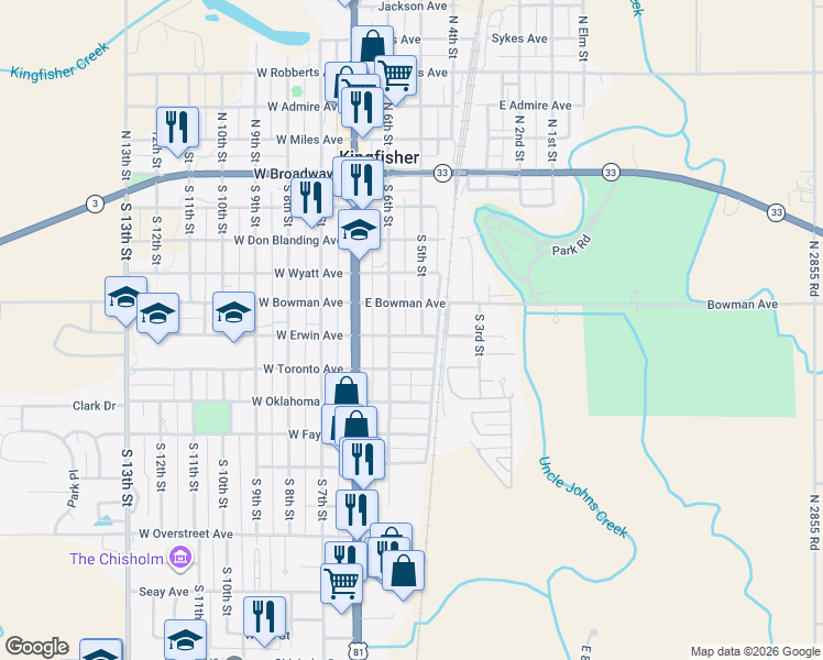 map of restaurants, bars, coffee shops, grocery stores, and more near 220 East Erwin Avenue in Kingfisher