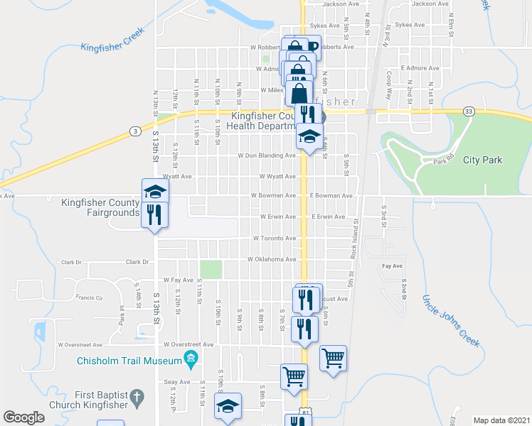 map of restaurants, bars, coffee shops, grocery stores, and more near 224 West Erwin Avenue in Kingfisher