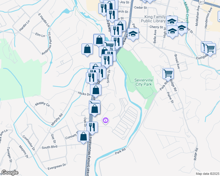 map of restaurants, bars, coffee shops, grocery stores, and more near 122 Scenic Drive in Sevierville