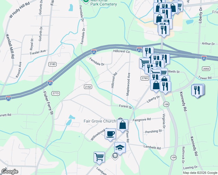 map of restaurants, bars, coffee shops, grocery stores, and more near 119 Hillcrest Road in Thomasville