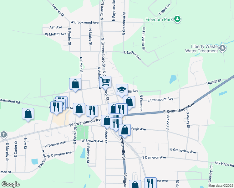 map of restaurants, bars, coffee shops, grocery stores, and more near 114E East Highfill Avenue in Liberty
