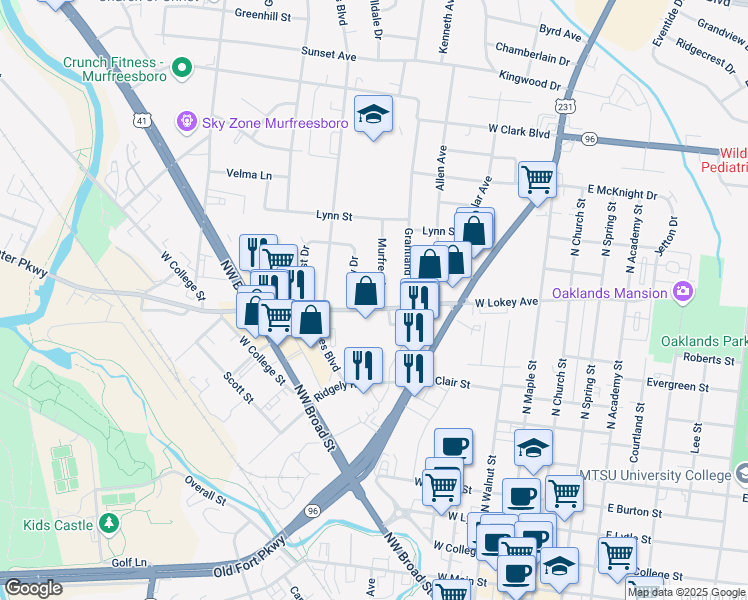 map of restaurants, bars, coffee shops, grocery stores, and more near 710 Medical Center Parkway in Murfreesboro