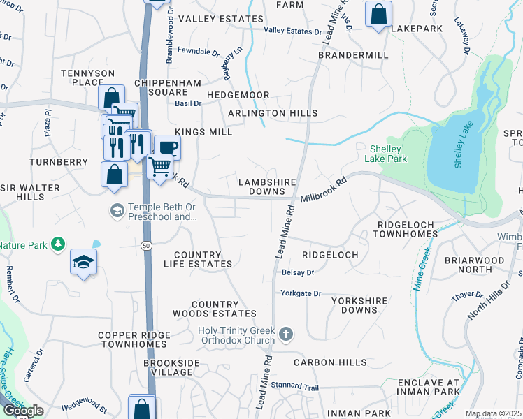 map of restaurants, bars, coffee shops, grocery stores, and more near 5515 Lambshire Drive in Raleigh
