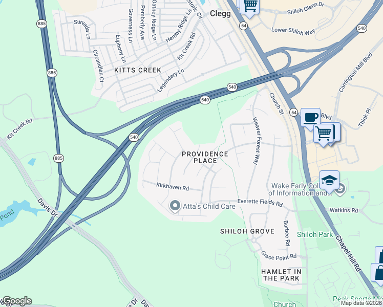 map of restaurants, bars, coffee shops, grocery stores, and more near 2916 Homebrook Lane in Morrisville