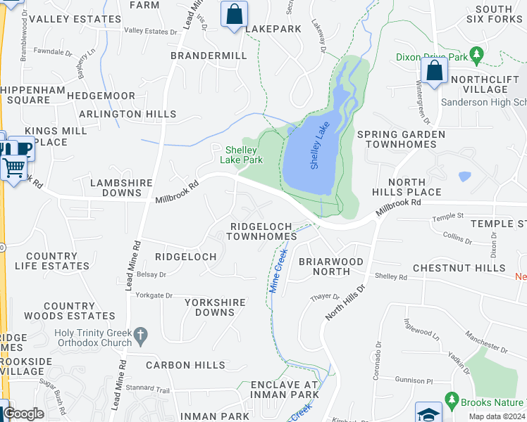 map of restaurants, bars, coffee shops, grocery stores, and more near 5704 3 Oaks Drive in Raleigh