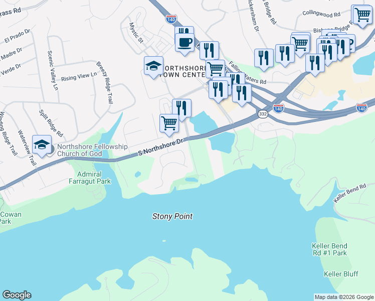 map of restaurants, bars, coffee shops, grocery stores, and more near 9826 Giverny Circle in Knoxville