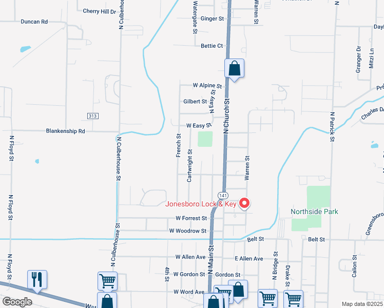 map of restaurants, bars, coffee shops, grocery stores, and more near 1104 Cartwright Street in Jonesboro