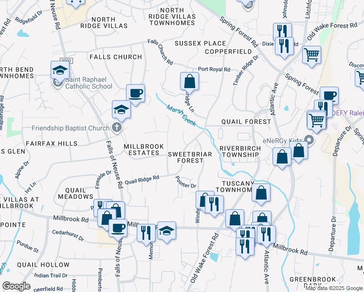 map of restaurants, bars, coffee shops, grocery stores, and more near 1729 Quail Ridge Road in Raleigh